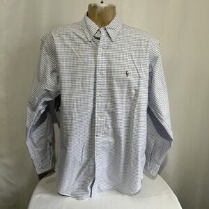Ralph Lauren Polo Shirt Mens Sz M Blake Button Down Oxford Plaid White Blue SEE*